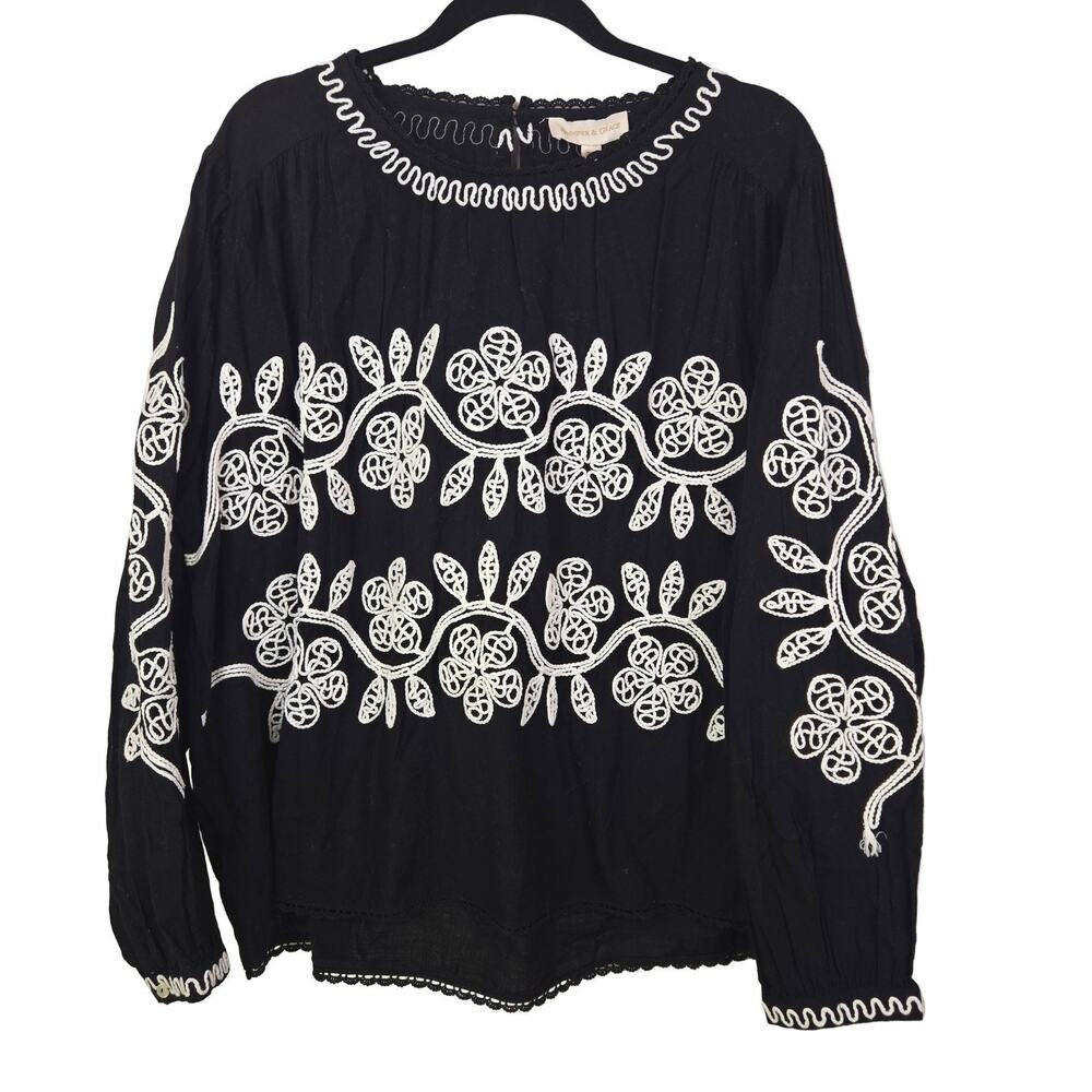 Jennifer & Grace Embroidered Long Sleeve Blouse Plus 3X Black White BOHO PEASANT